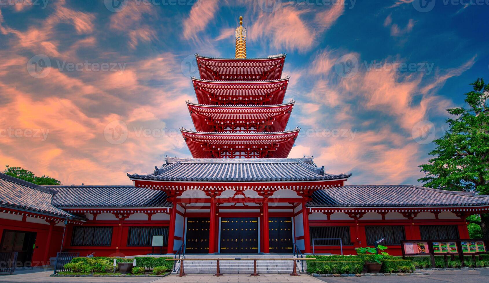 Sensoji is an ancient Buddhist temple at sunset in Asakusa, Tokyo, Japan. photo