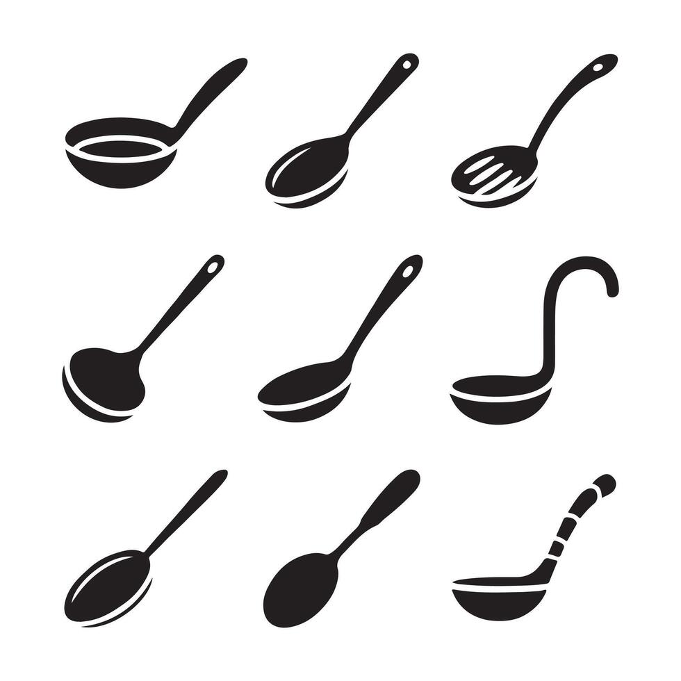 9 Minimalist Serving Spoon Icons in Clean Outline Style vector
