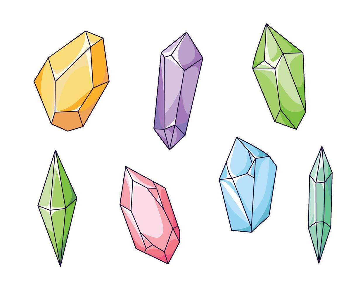 A set of colored crystals of different shapes. Gems, ice, and diamonds of various geometric shapes that reflect light. Elements of witchcraft and magic vector