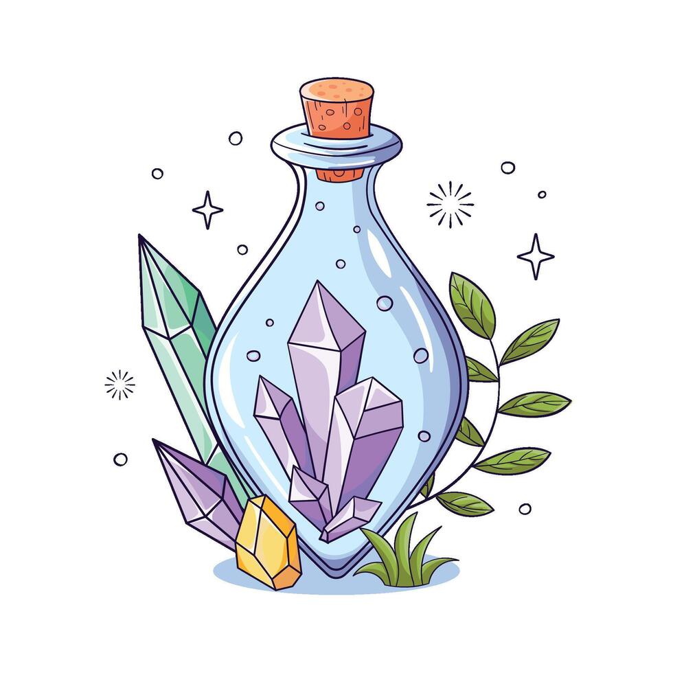 Crystal potion bottle with greenery vector