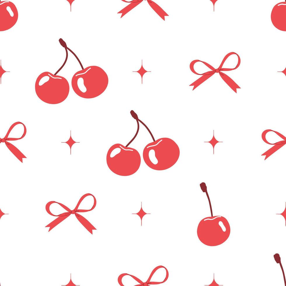 Bright red cherry and bow seamless pattern. Valentines print. Vintage trendy cute girly background. Modern print for wrapping paper, holiday decor, packaging, fabric, textile vector
