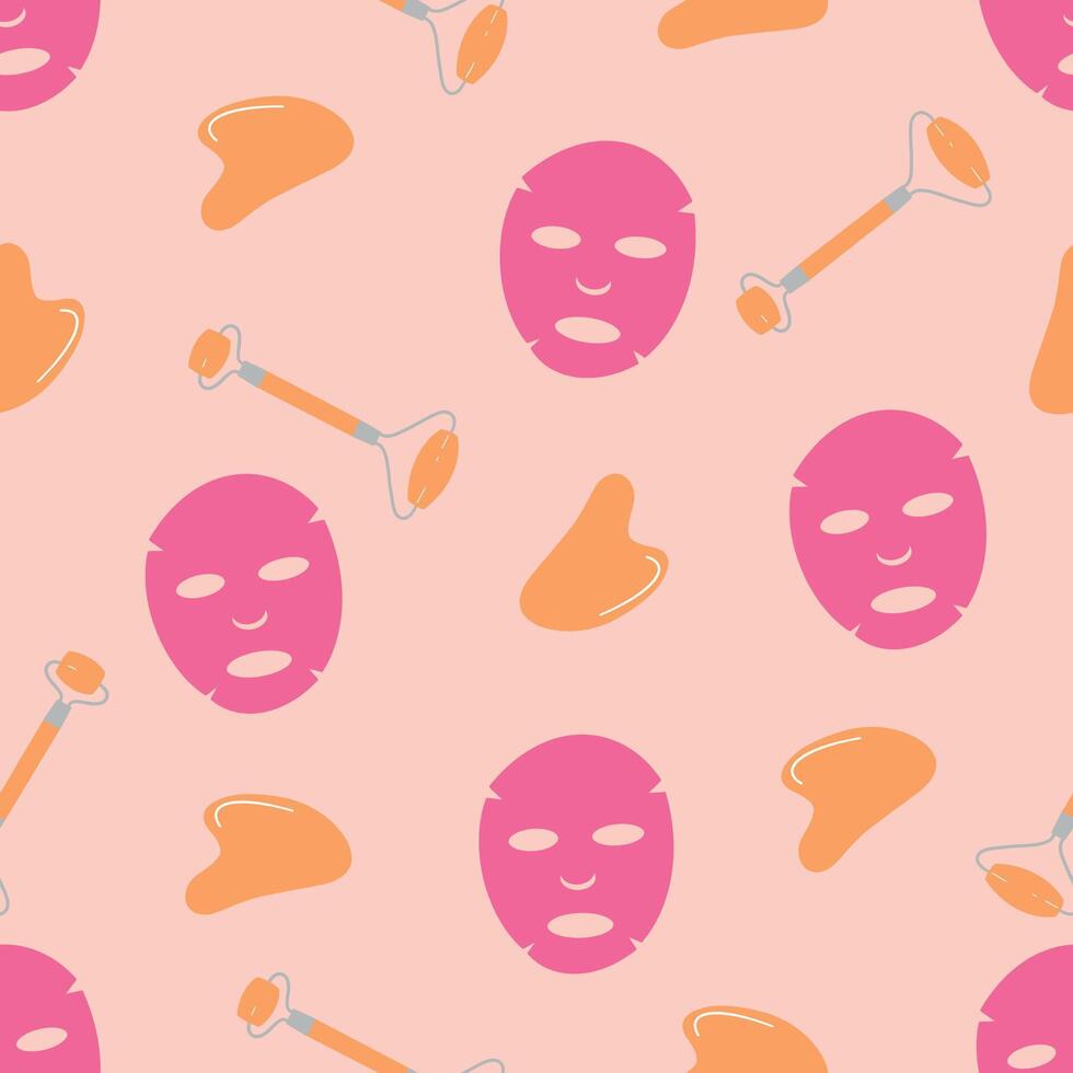 Seamless pattern with beauty gadgets. Face mask, massage roller and gua sha tool. Skin care products for SPA. Beauty routine. Hand drawn illustration vector