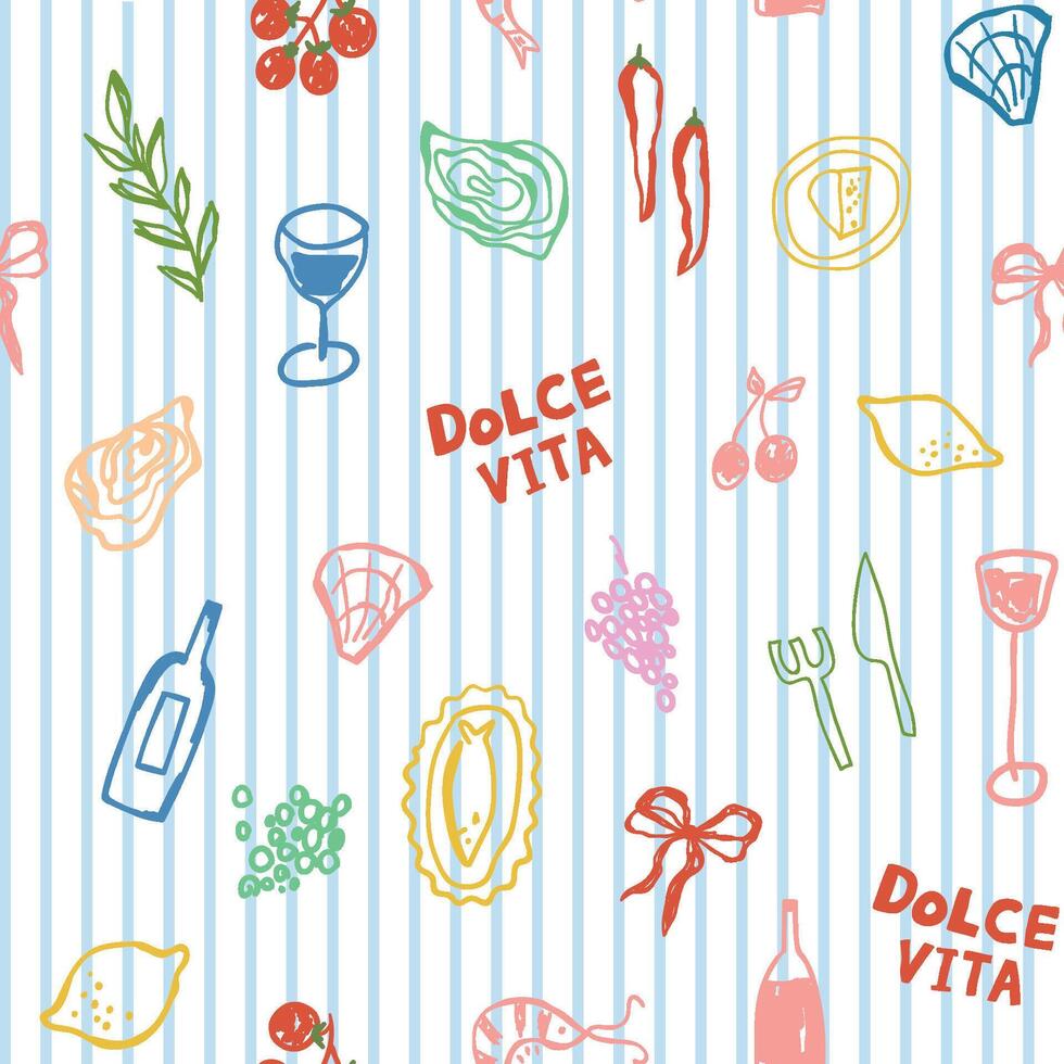 Blue striped Mediterranean summer vacation seamless pattern. Cute Italian food, wine, tomatoes, bow, oysters, grapes, dolce vita repeat background, textile design, wallpaper print vector