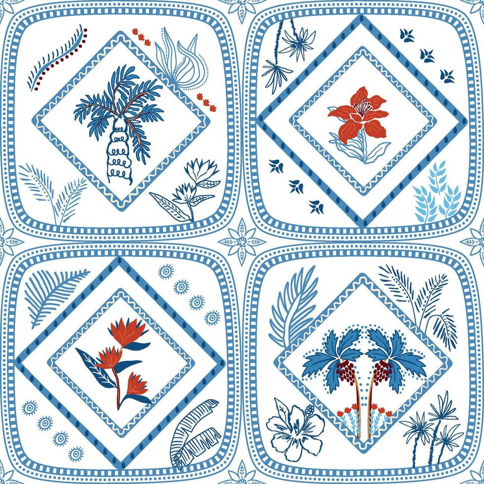 Tropical floral design in blue and red vector