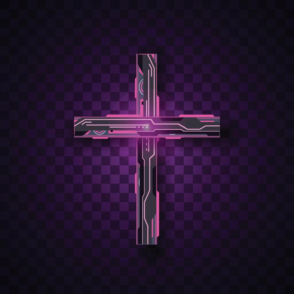 Cross abstract neon sign. Christian icon design. Pink futuristic cross. vector