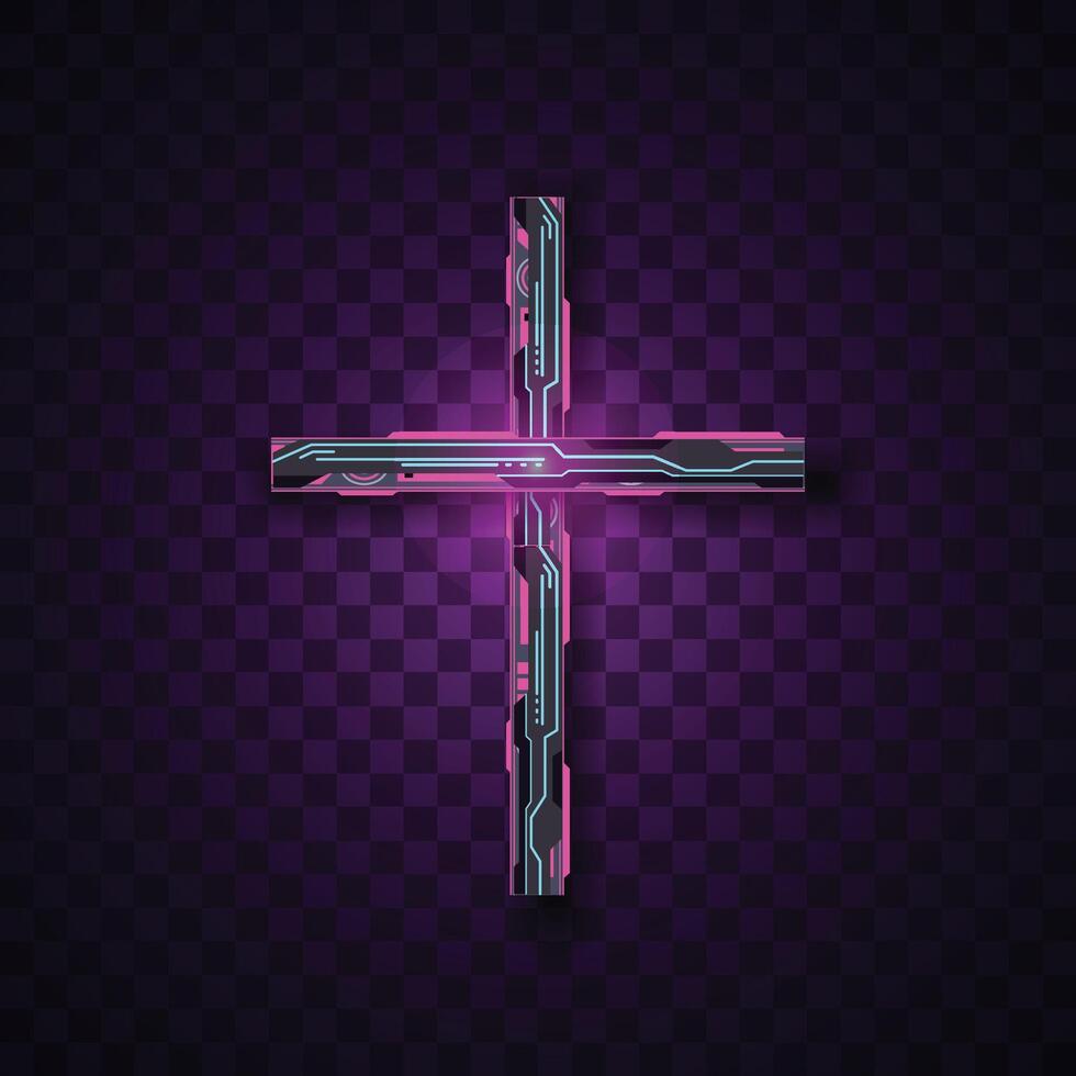 Cross abstract neon sign. Christian icon design. Pink and blue futuristic cross. vector