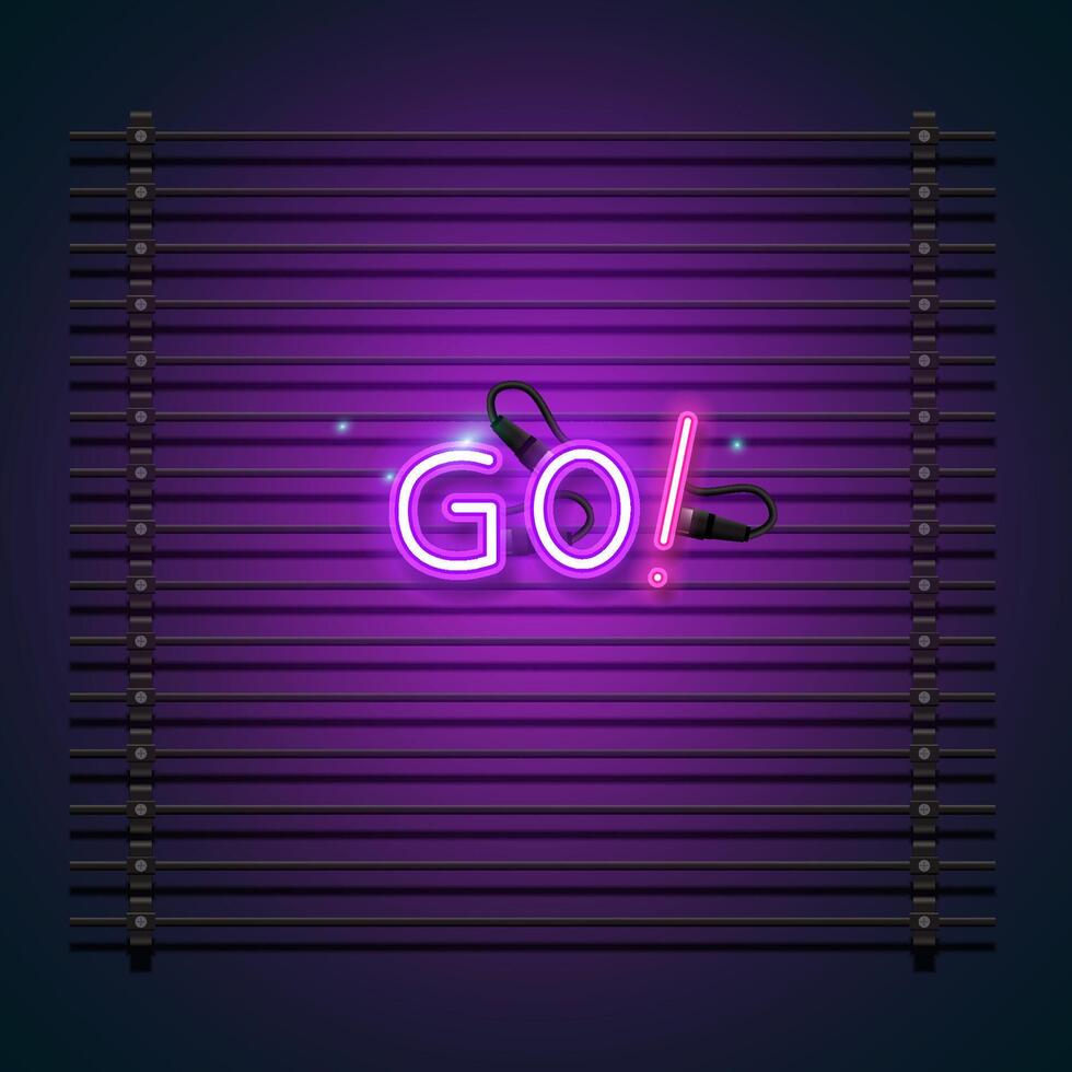 Go text font with neon light. Luminous and shimmering haze inside the letters of the text Go. Go neon sign. vector