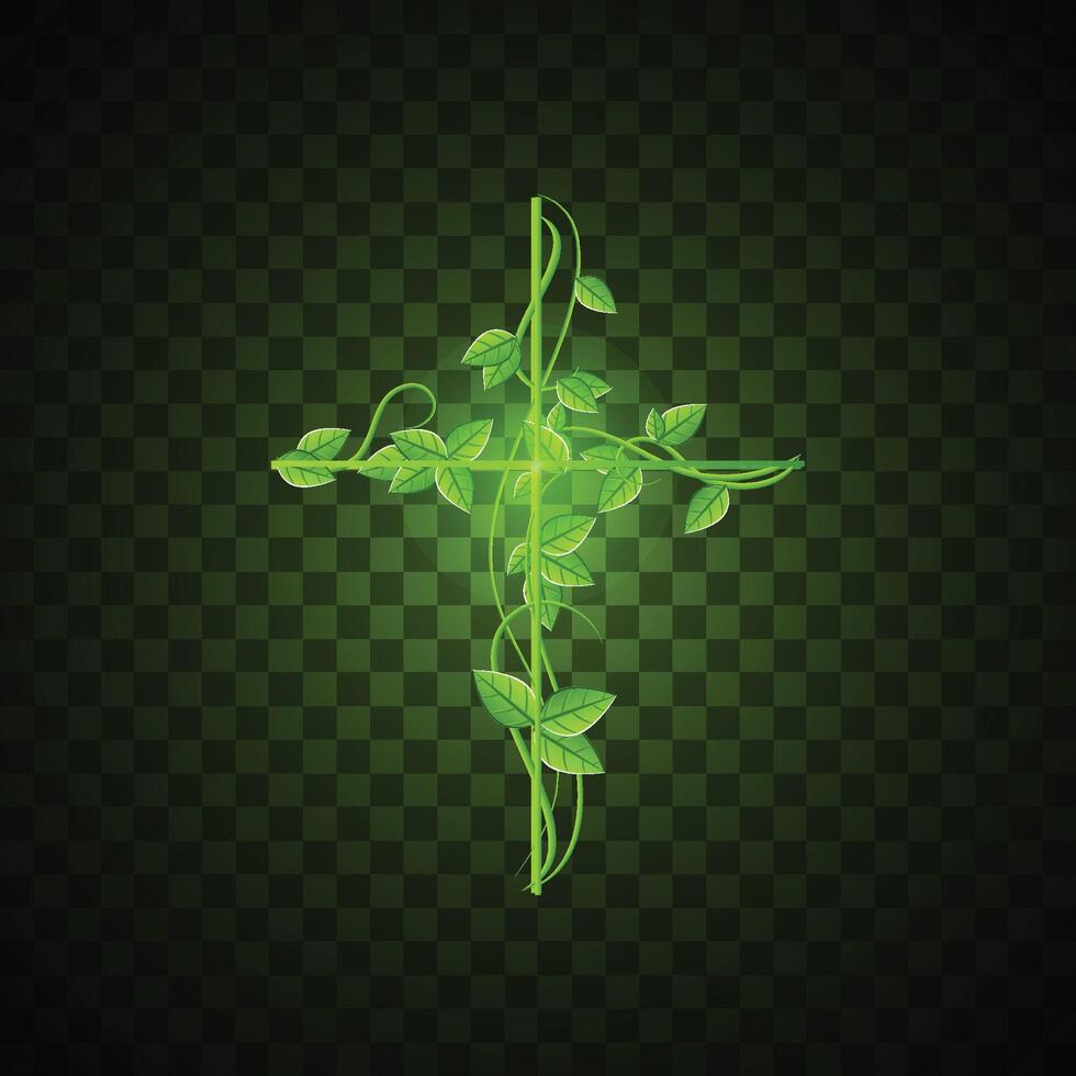 Cross neon sign. Christian icon design with leaf. vector