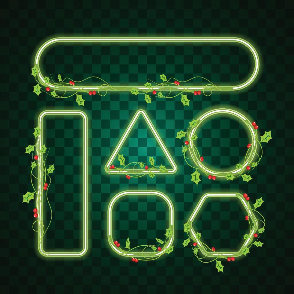 Christmas Neon Frames with Holly Decorations on Dark Background vector