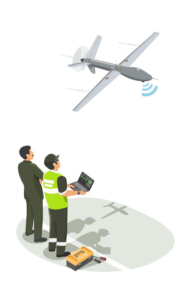 Military engineers operating an advanced UAV system with real-time data monitoring to support defense technology development and aerial surveillance missions vector