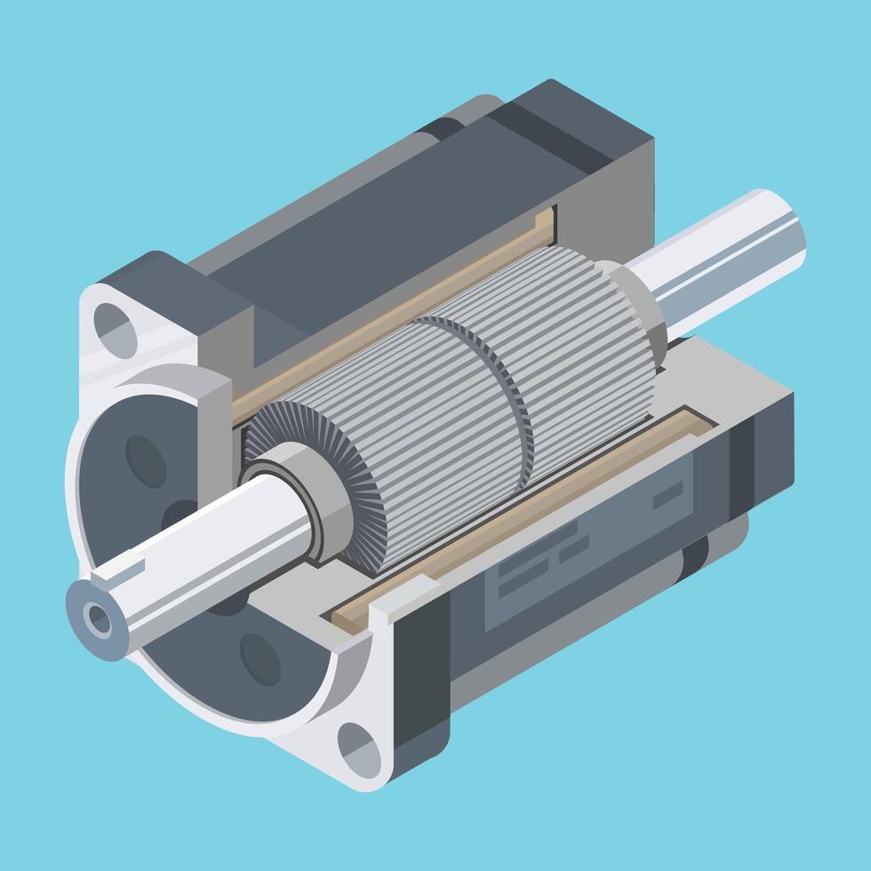 illustration of an electric motor showing internal components including stator rotor permanent magnet and shaft for industrial engineering purposes vector
