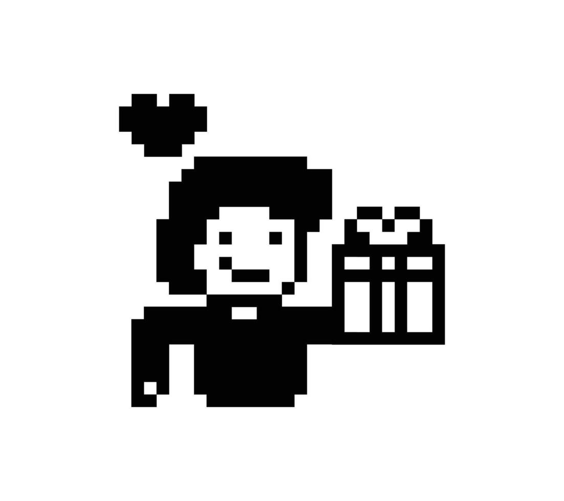 8 bit style man male boy happy with gift box birthday present give reward design. vector