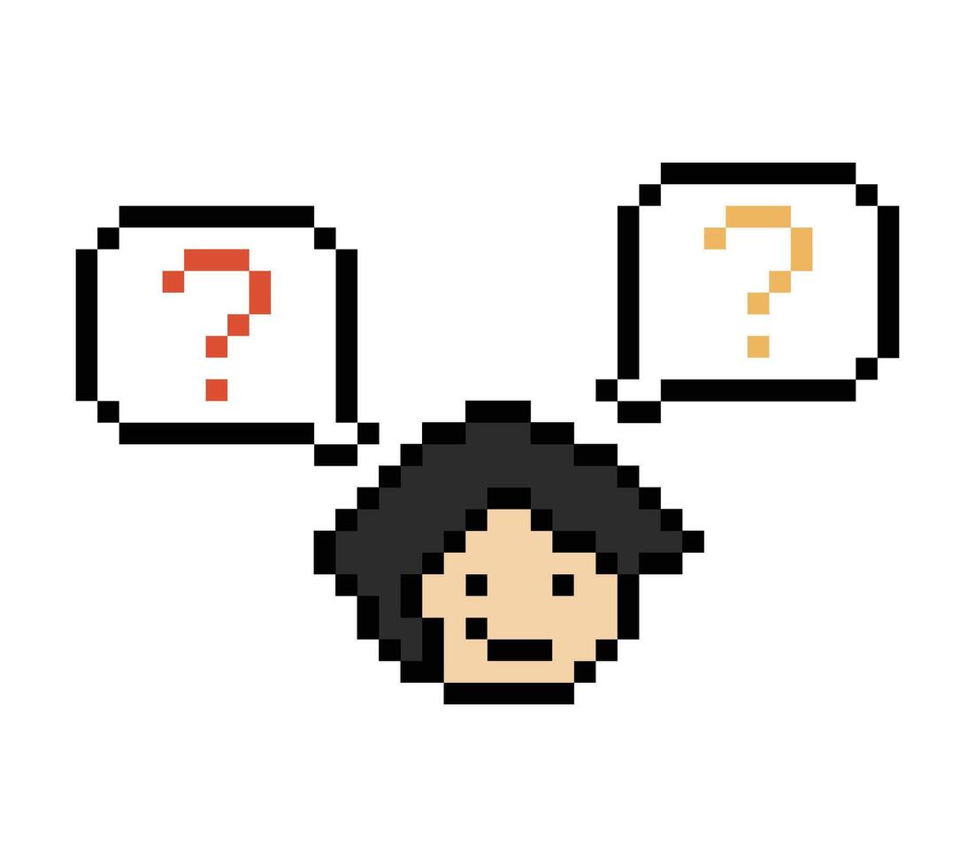 Cartoon of face boy male man with question mark quiz question decor pixel retro cute concept. vector