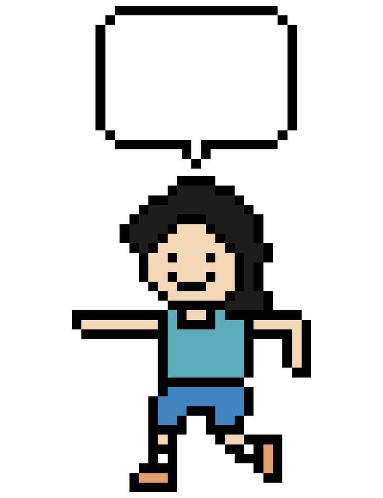 Cartoon cute run jog exercise happy man male boy 8 bit with chat box think. vector