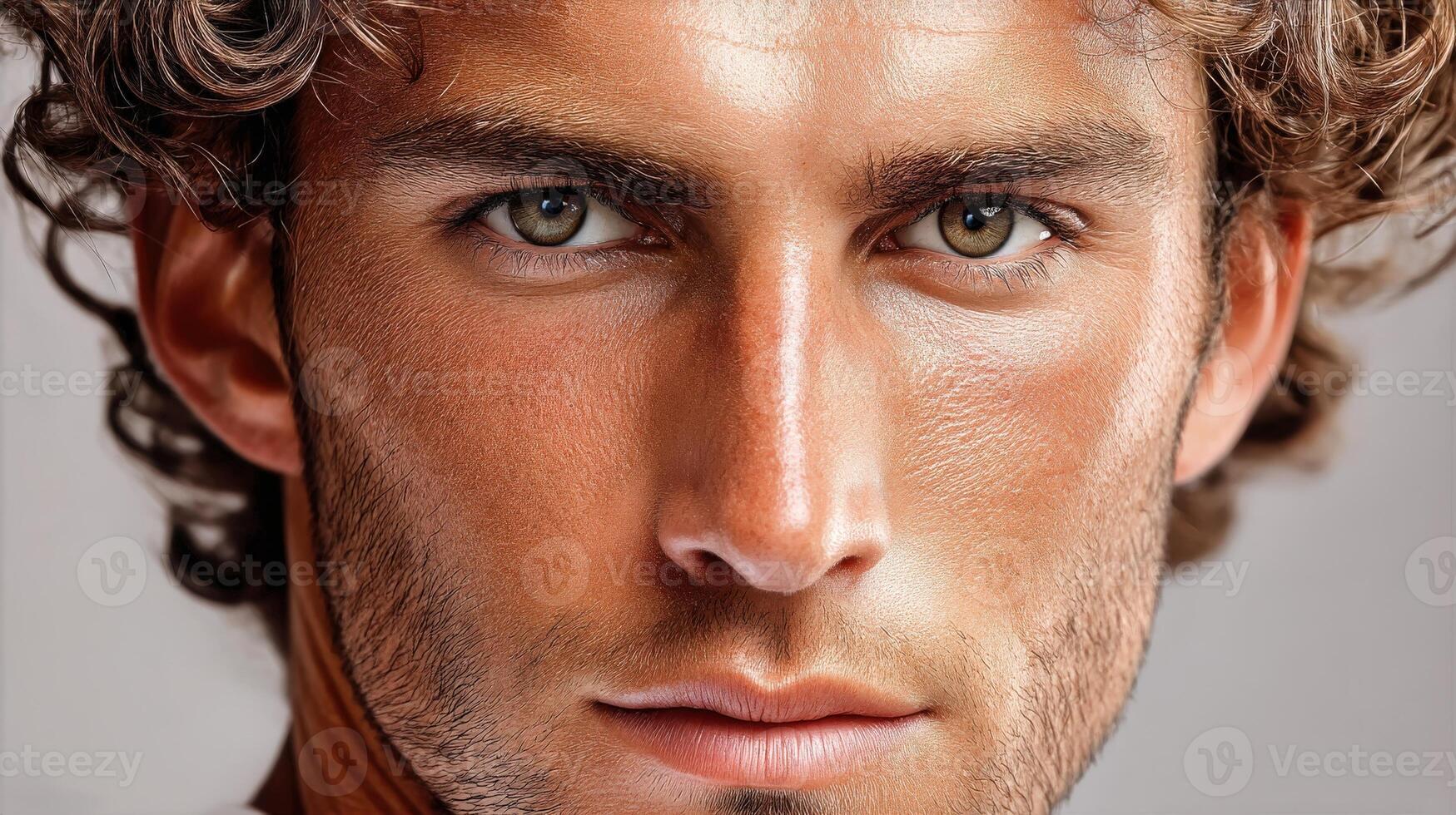 A close-up portrait of an attractive man with curly hair and hazel eyes photo