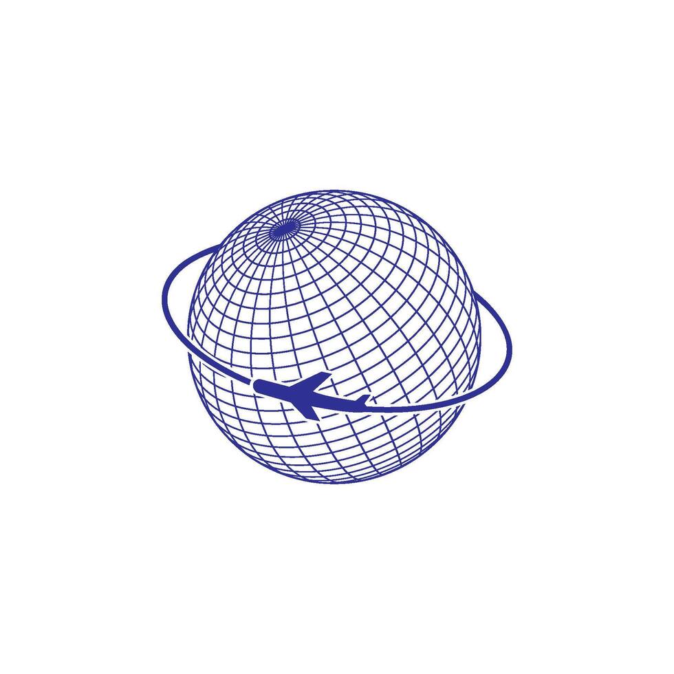 A blue globe with an airplane flying around it vector