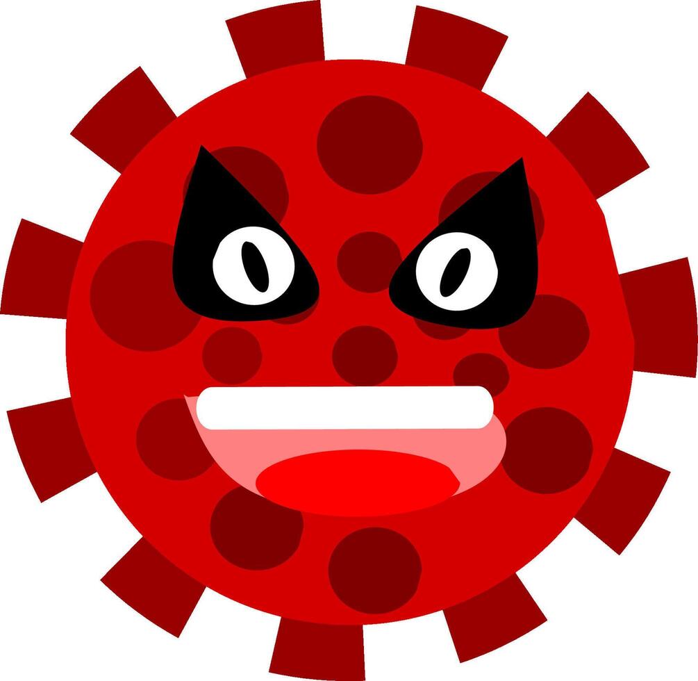 Menacing red cartoon virus icon illustration. Flat minimalist design perfect for health warnings, pandemic concepts, or threat representation. Versatile design element, ideal for web, apps, and print. vector