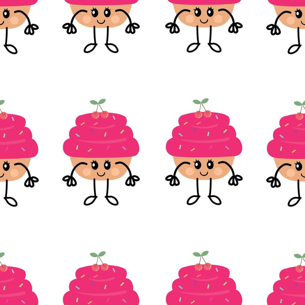 Cute hand drawing cartoon cherry cupcakes seamless pattern. cute dessert pattern in white background for gift wrap paper and wallpaper vector