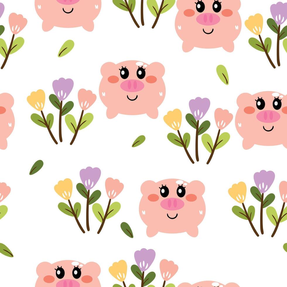 Seamless pattern cute cartoon piggy and flowers. cute animal drawing wallpaper and background vector