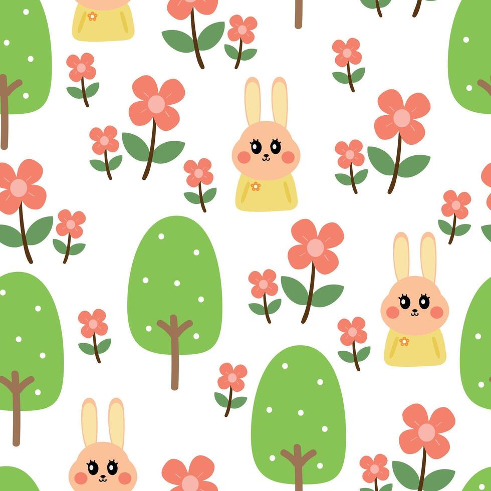 Cute drawing cartoon bunny with flowers and tree seamless pattern. animal pattern in white background for wallpaper vector
