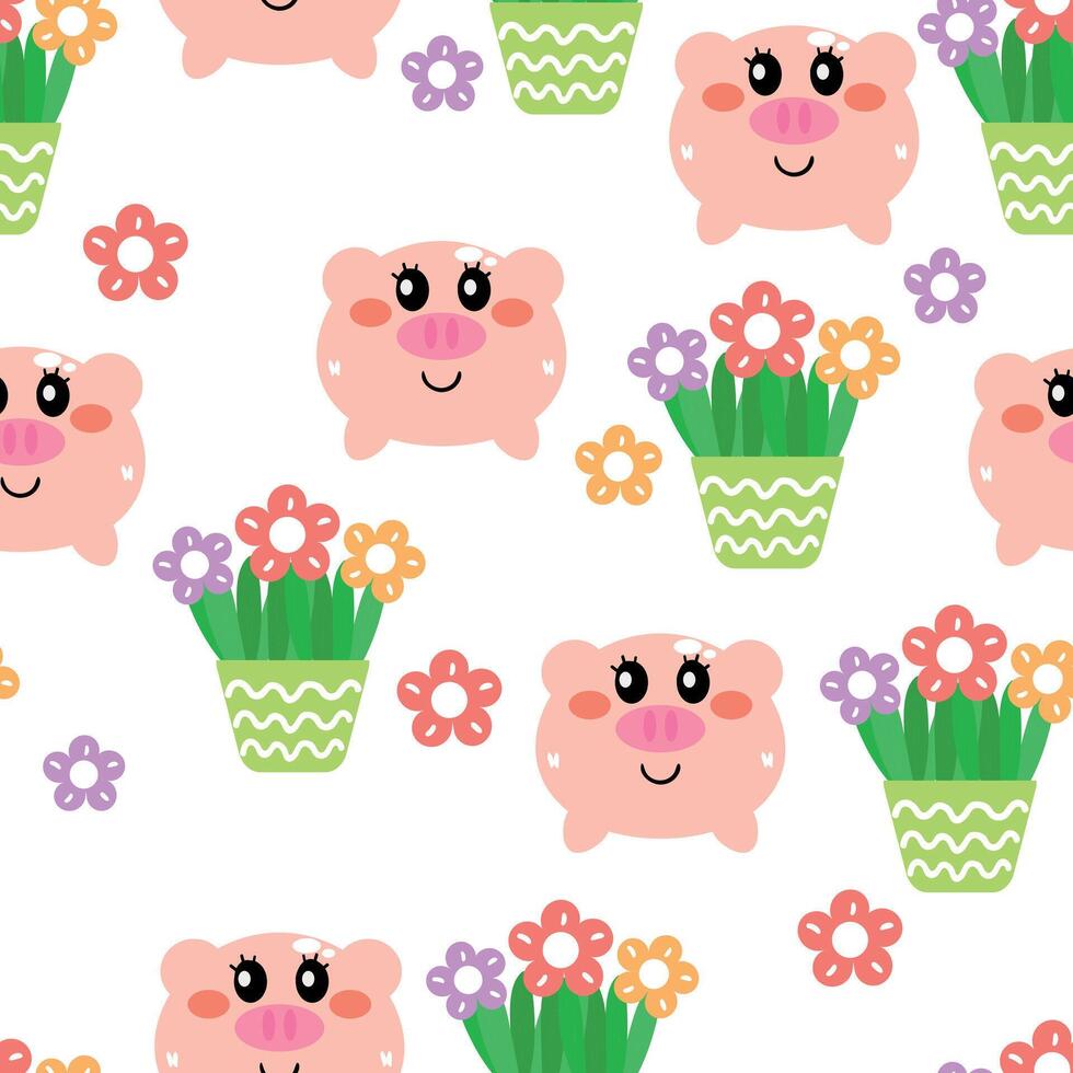 Seamless pattern cute cartoon piggy and flowers in pots . cute animal drawing wallpaper and background vector