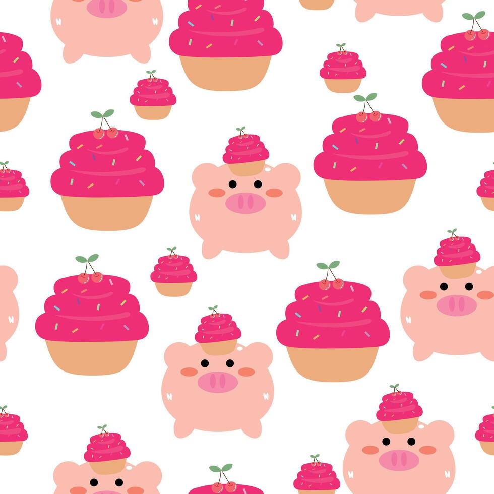 Cute hand drawing cartoon piggy and cherry cupcakes seamless pattern. cute dessert pattern in white background for gift wrap paper and wallpaper vector