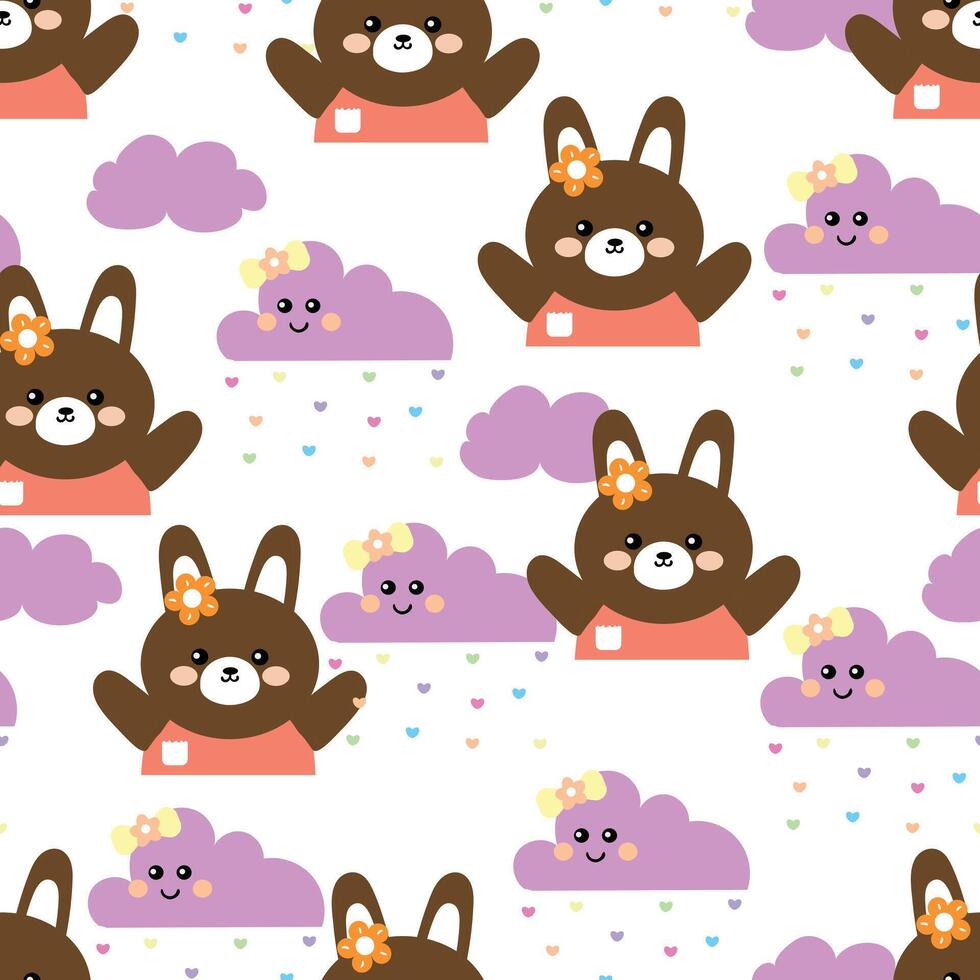 Cute hand drawing cartoon bear and rain clouds seamless pattern. cute animal pattern in white background for gift wrap paper and wallpaper vector