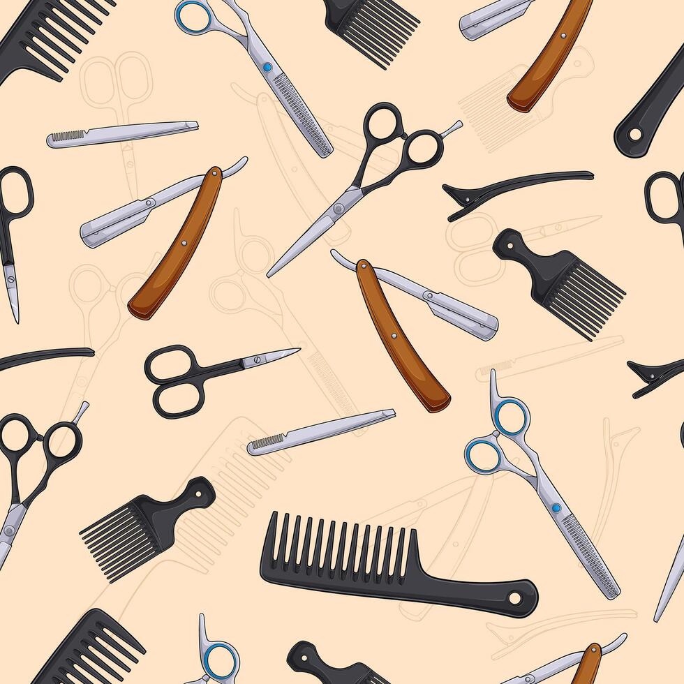 Hand drawn seamless pattern of barber tools, different scissors, pick comb, razor, thinner, alligator hairclip and more vector