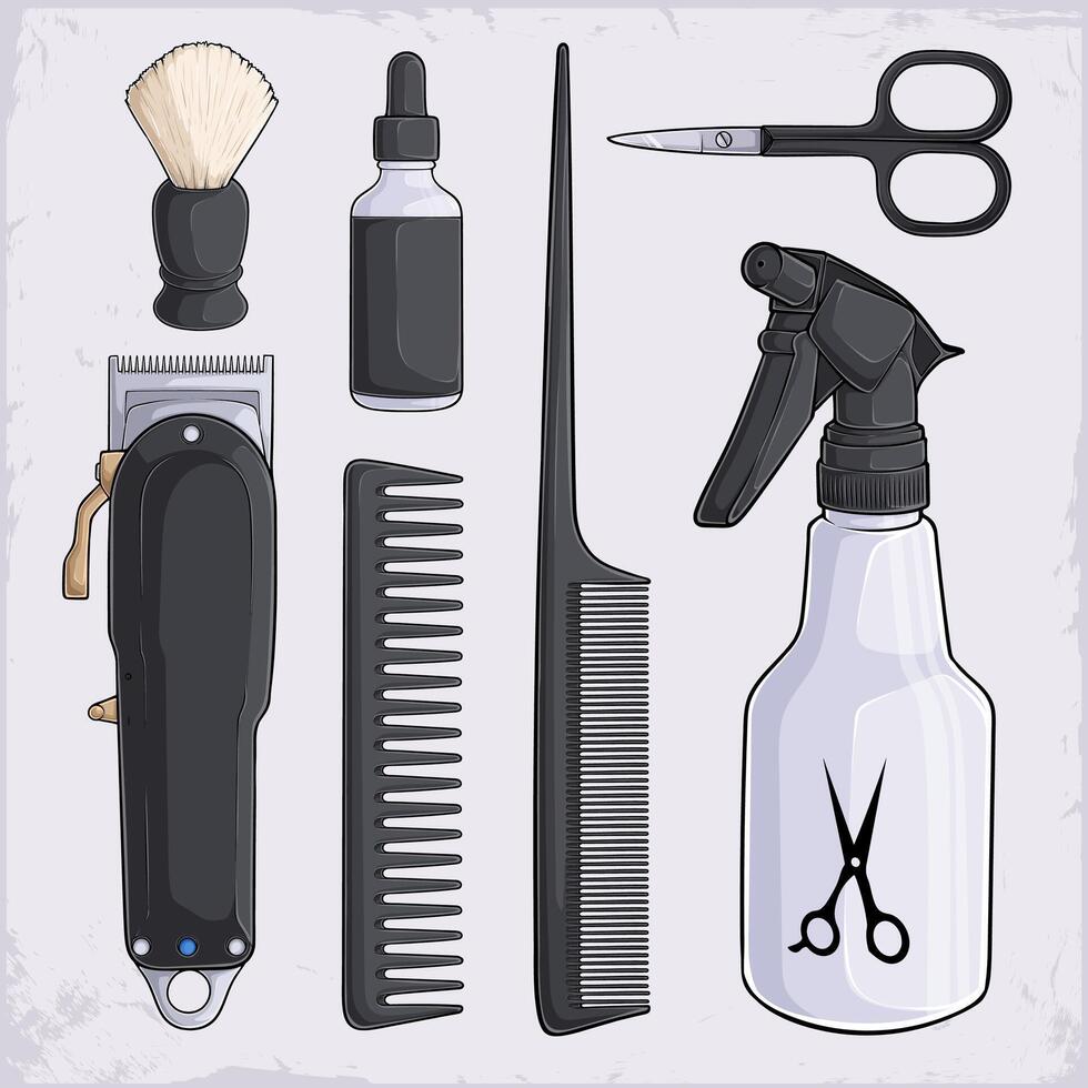 Hand drawn set of hairdressing tools, tail comb, eyebrow scissors, clipper, serum bottle, spray bottle and more vector