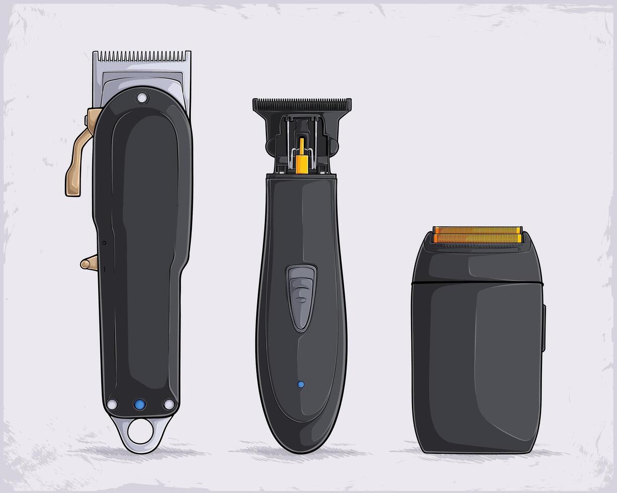 Hand drawn set of cordless hair clippers for hair and beard trim, professional barbershop equipment trimmer, foil shaver, clipper vector