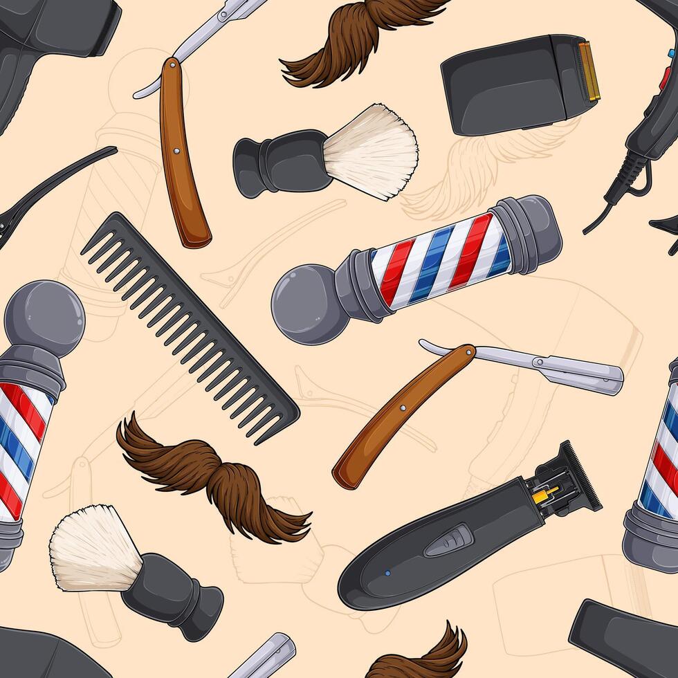 Seamless pattern of barber equipment , cordless trimmer, detangling comb, moustache, razor, barbers pole, shaving brush, alligator hairclip vector