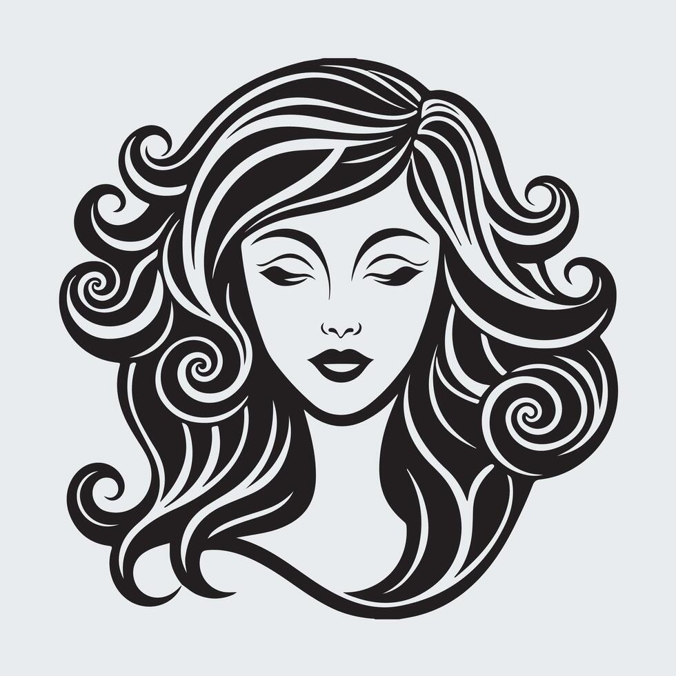 Beauty Woman Face Elegant Female Portrait with Wavy Hair in Black and White Style for Salon, Fashion, and Logo Design vector