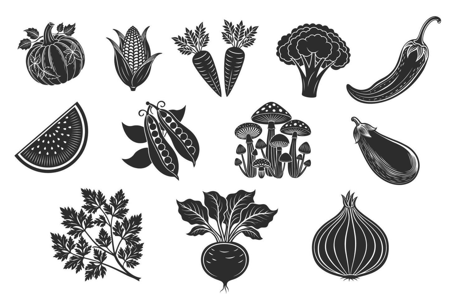 Hand Drawn Vegetable Silhouette Set Organic Food Icons in Black Style vector