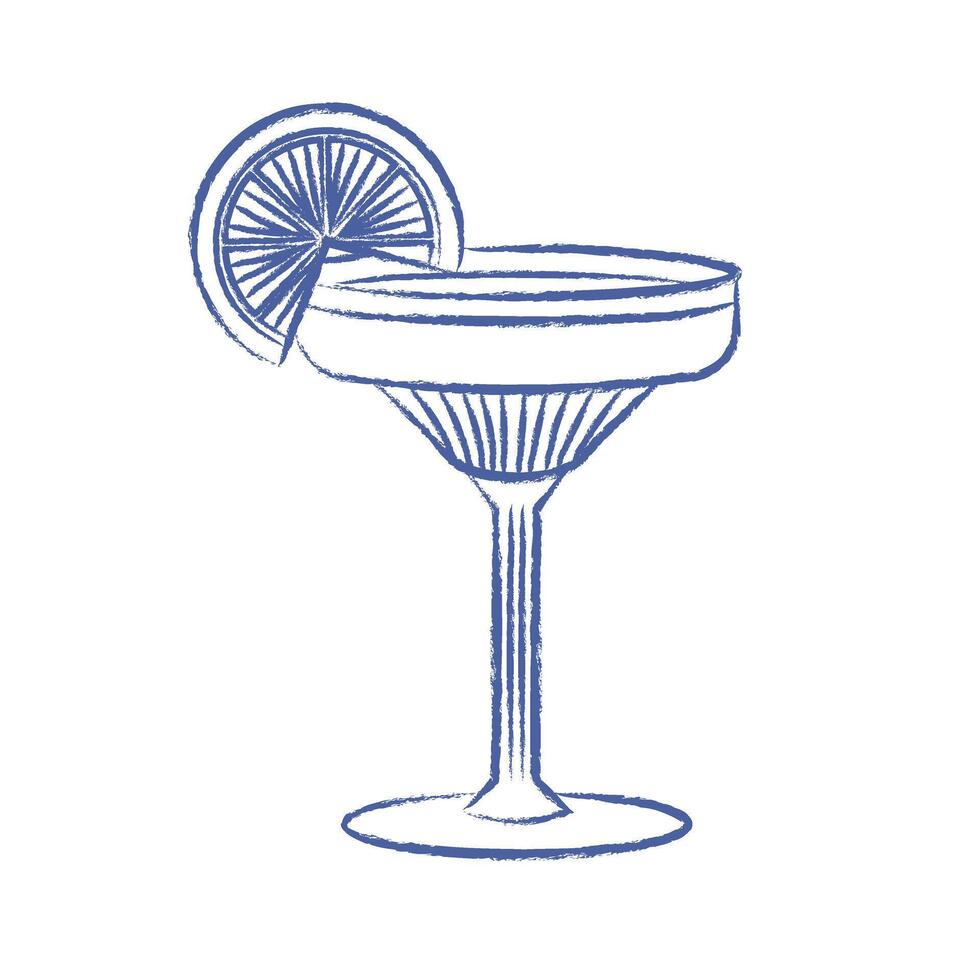 Summer alcoholic cocktail. Aperol with elegant glass glass with lemon slice. pen drawn element vector