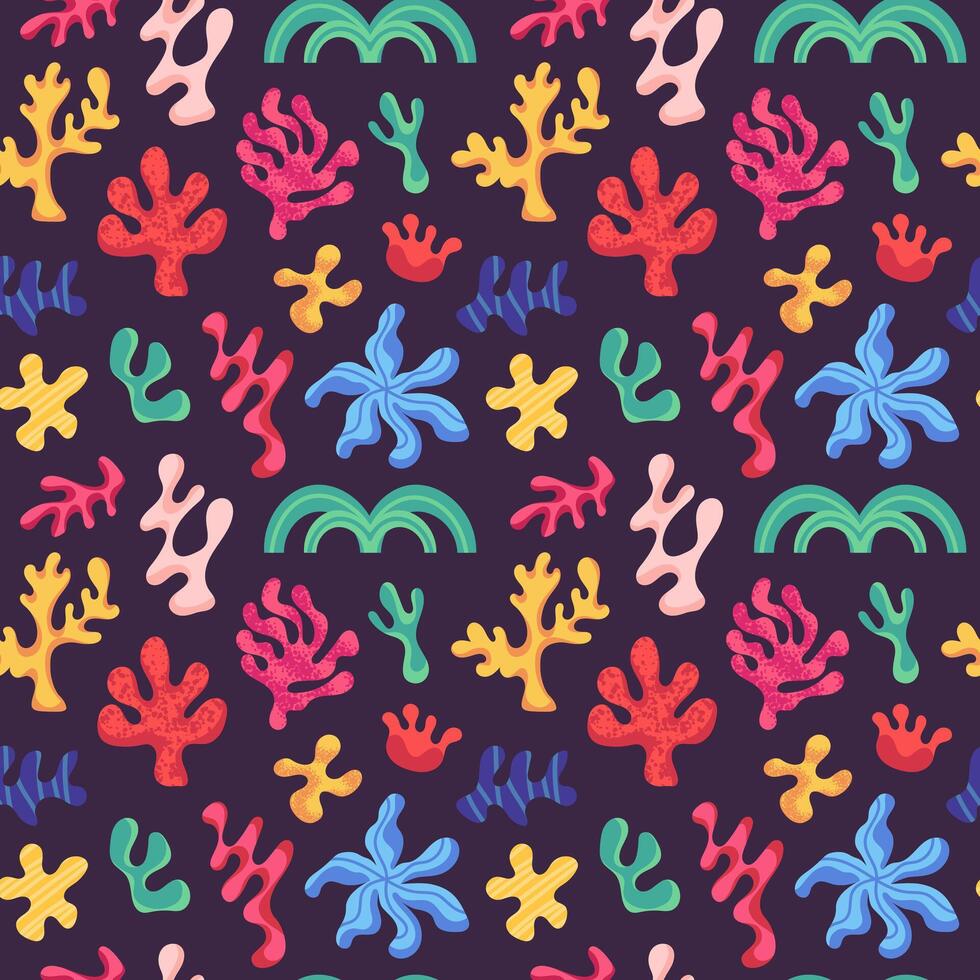 Coral Seamless Pattern. Brightly colored pattern with coral, seaweed, doodles and spots. print pattern vector