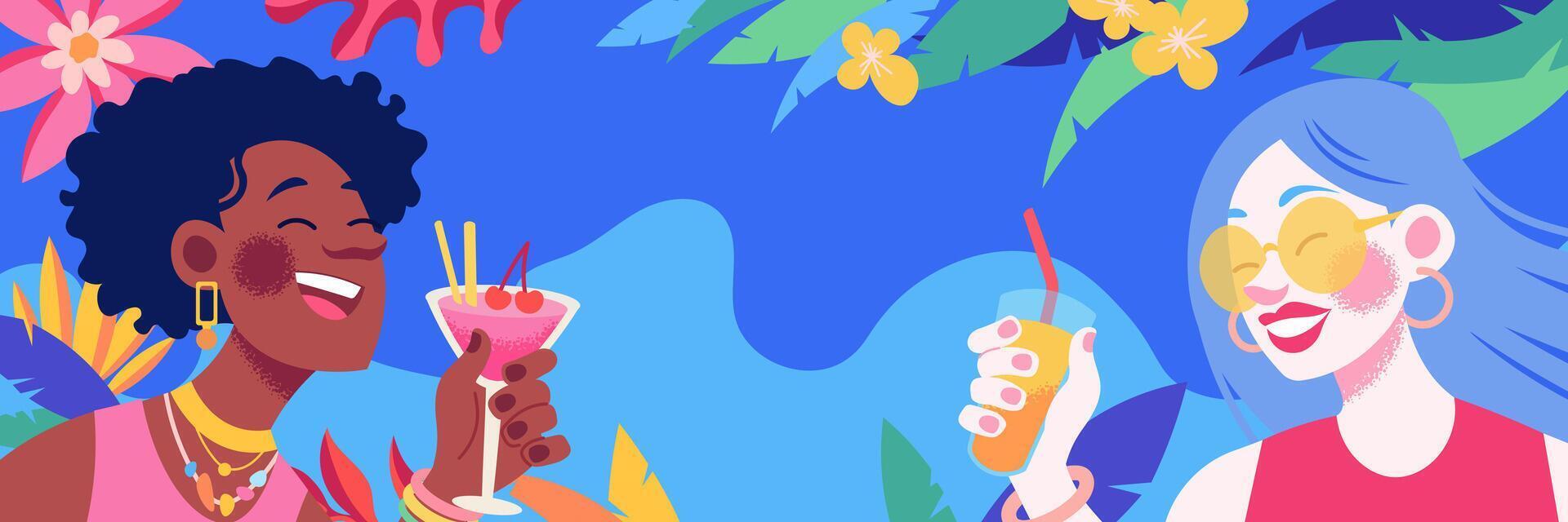 Two friends with tropical drinks vector