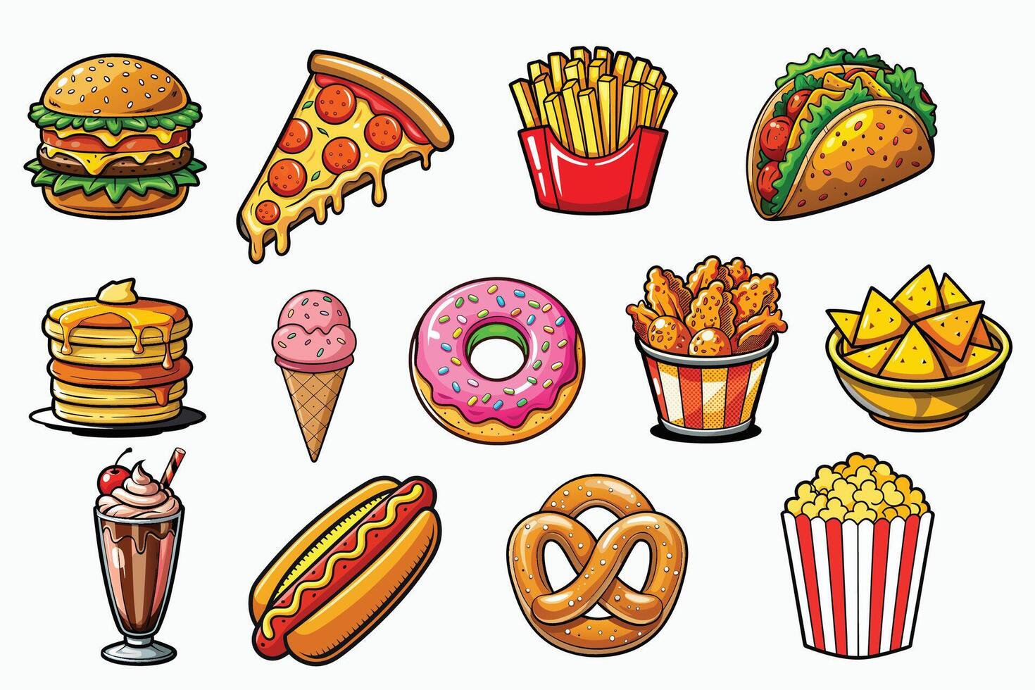 Fast food icons of burgers, pizza, and tacos vector