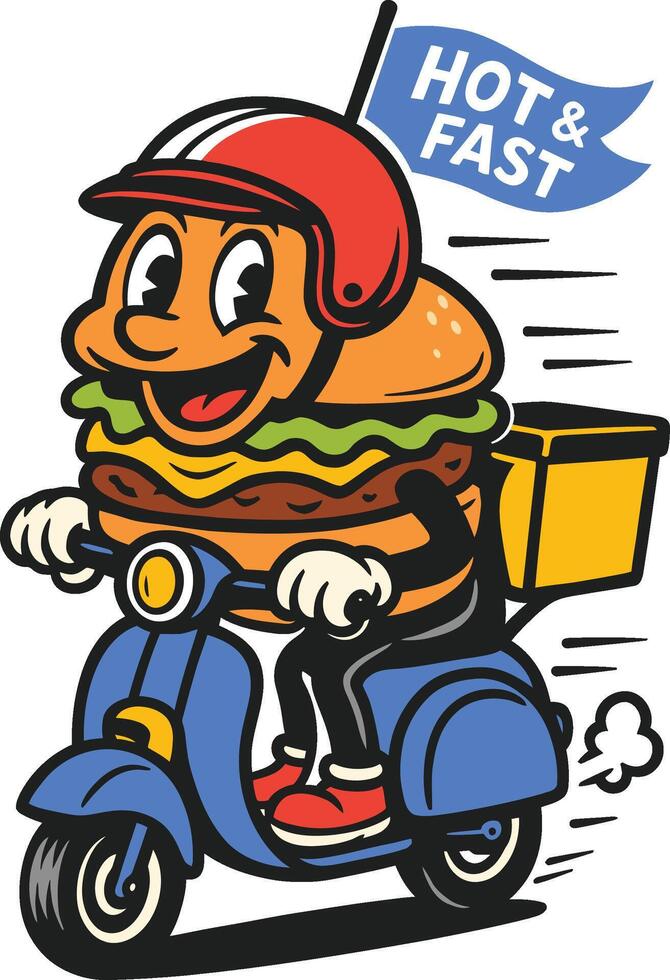 Hot and Fast Cartoon Burger Delivery on Scooter vector