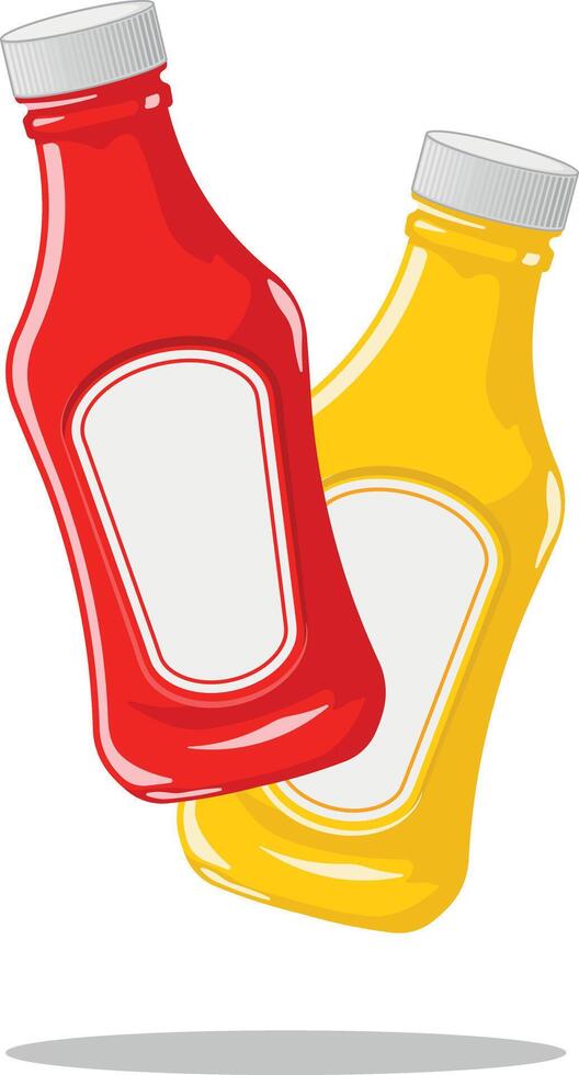 Color illustration of two bottles with sauces, red with ketchup and yellow with mustard, both with blank labels, without background vector