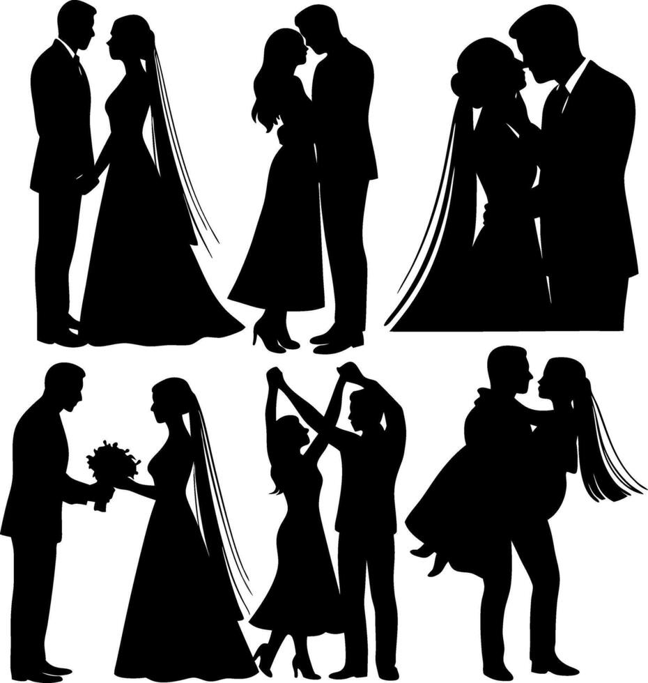 Set of black silhouette illustrations showing bride and groom in romantic wedding poses holding hands, kissing, dancing, and carrying vector