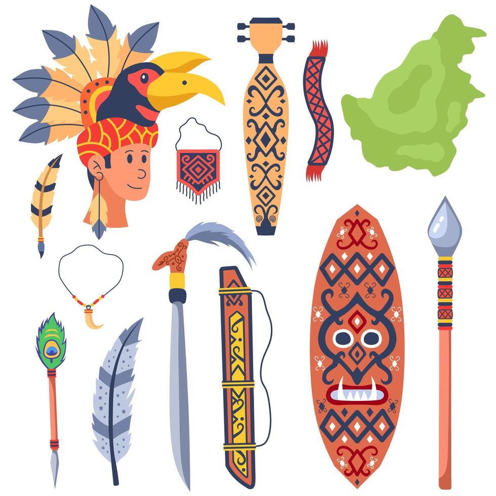 Indigenous artifacts and traditional weapons collection vector