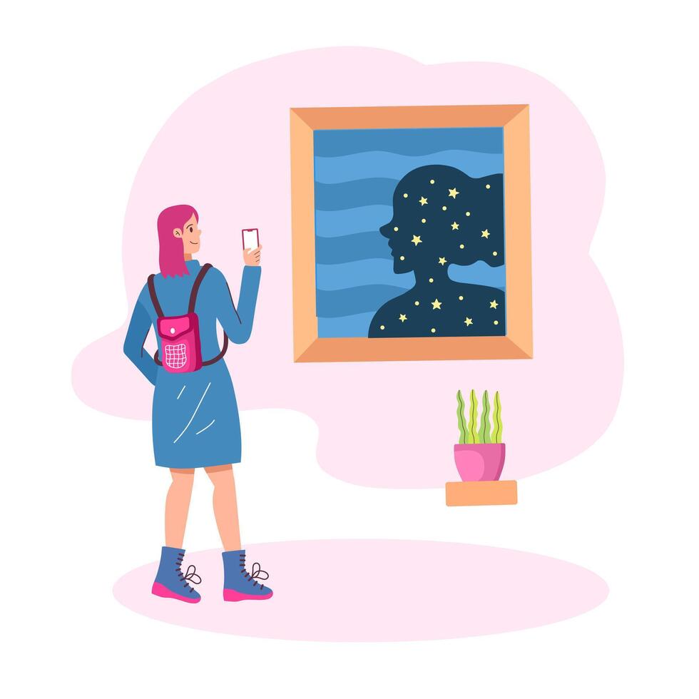 Woman taking photo of artwork vector