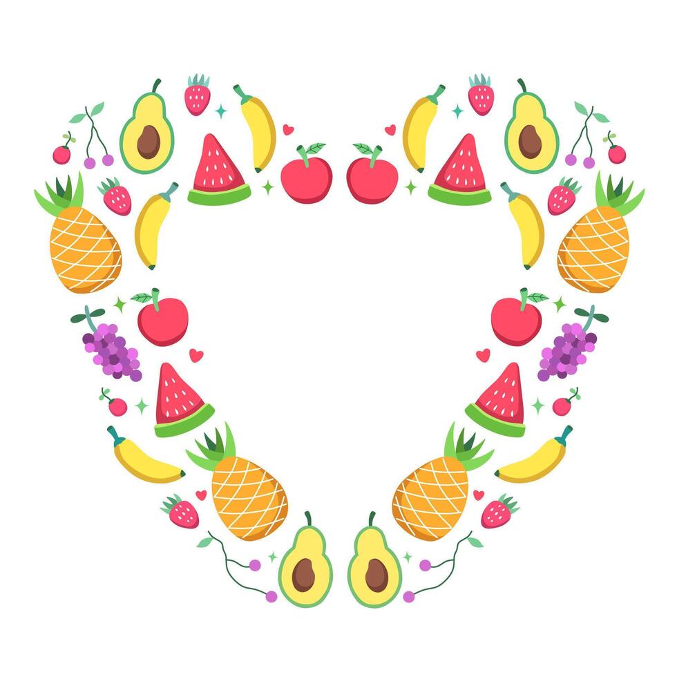 heart-shaped fresh fruit frame.illustration heart frame with various fresh fruit vector