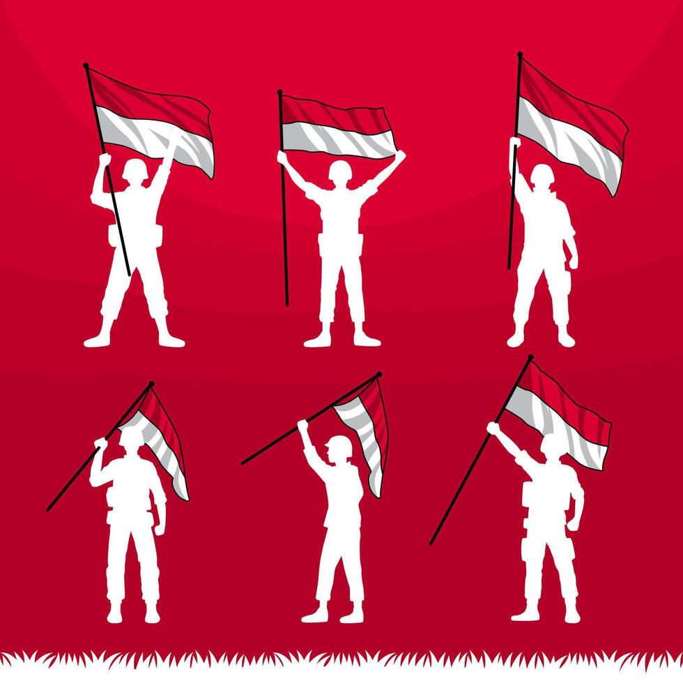 silhouette of Indonesian soldiers holding the Indonesian flag vector