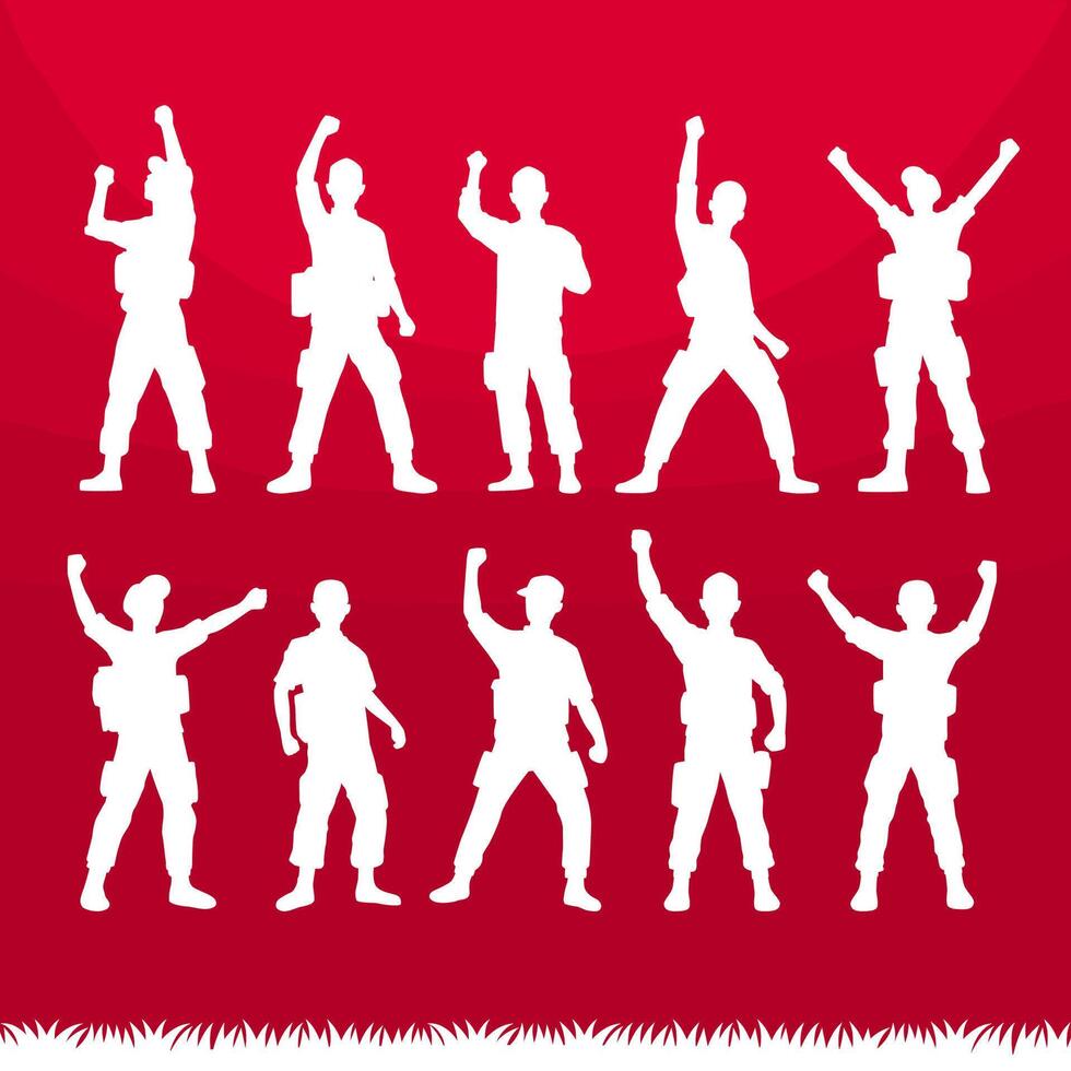 silhouette of soldiers celebrating independence with red and white background vector