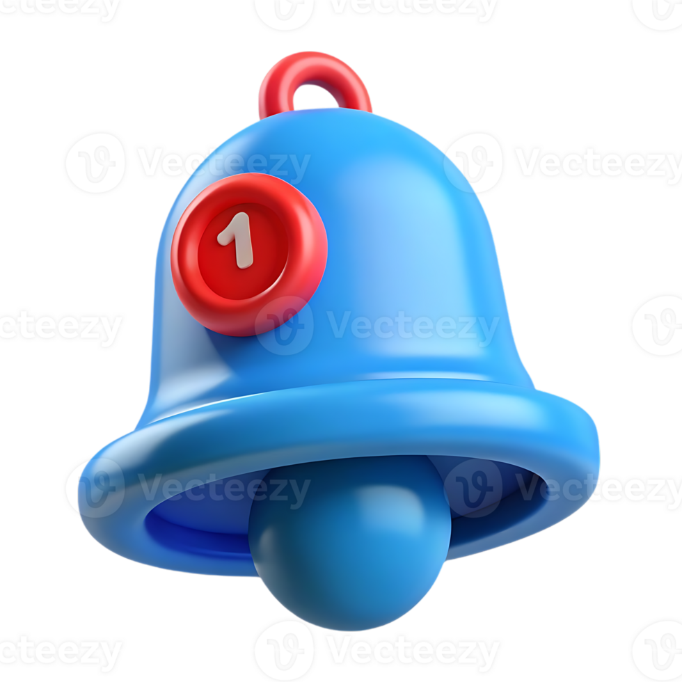 3d blue notification bell icon with a red circle and number one badge isolated on transparent background png