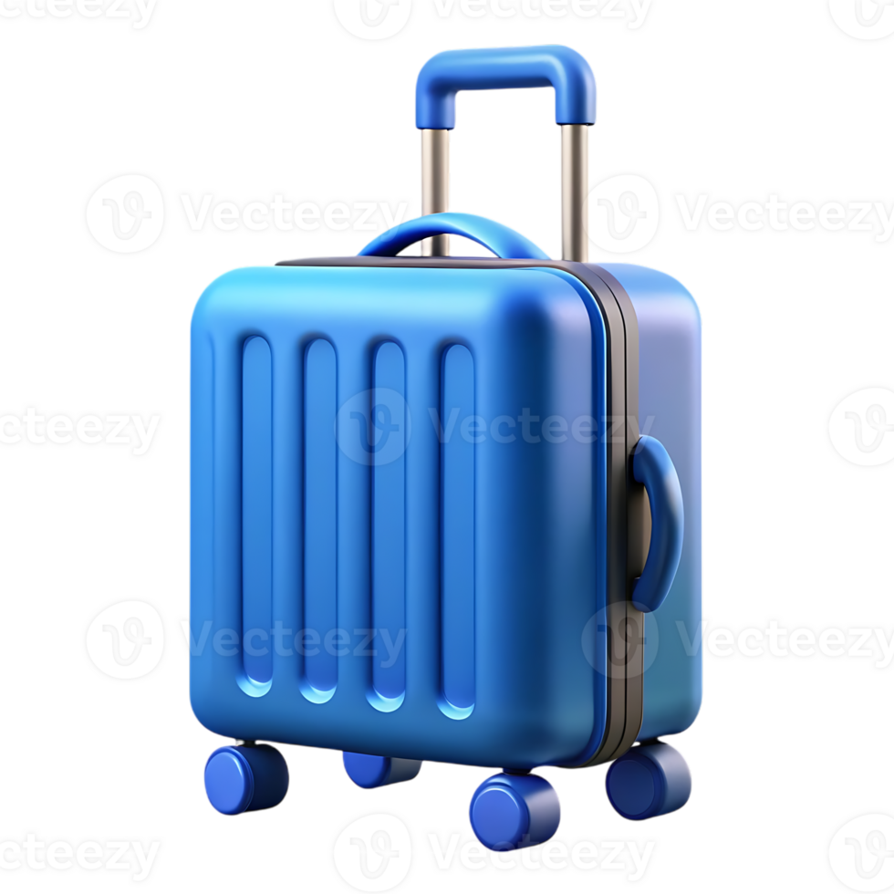 Bright blue modern rolling suitcase with telescopic handle and side handle isolated on transparent background png