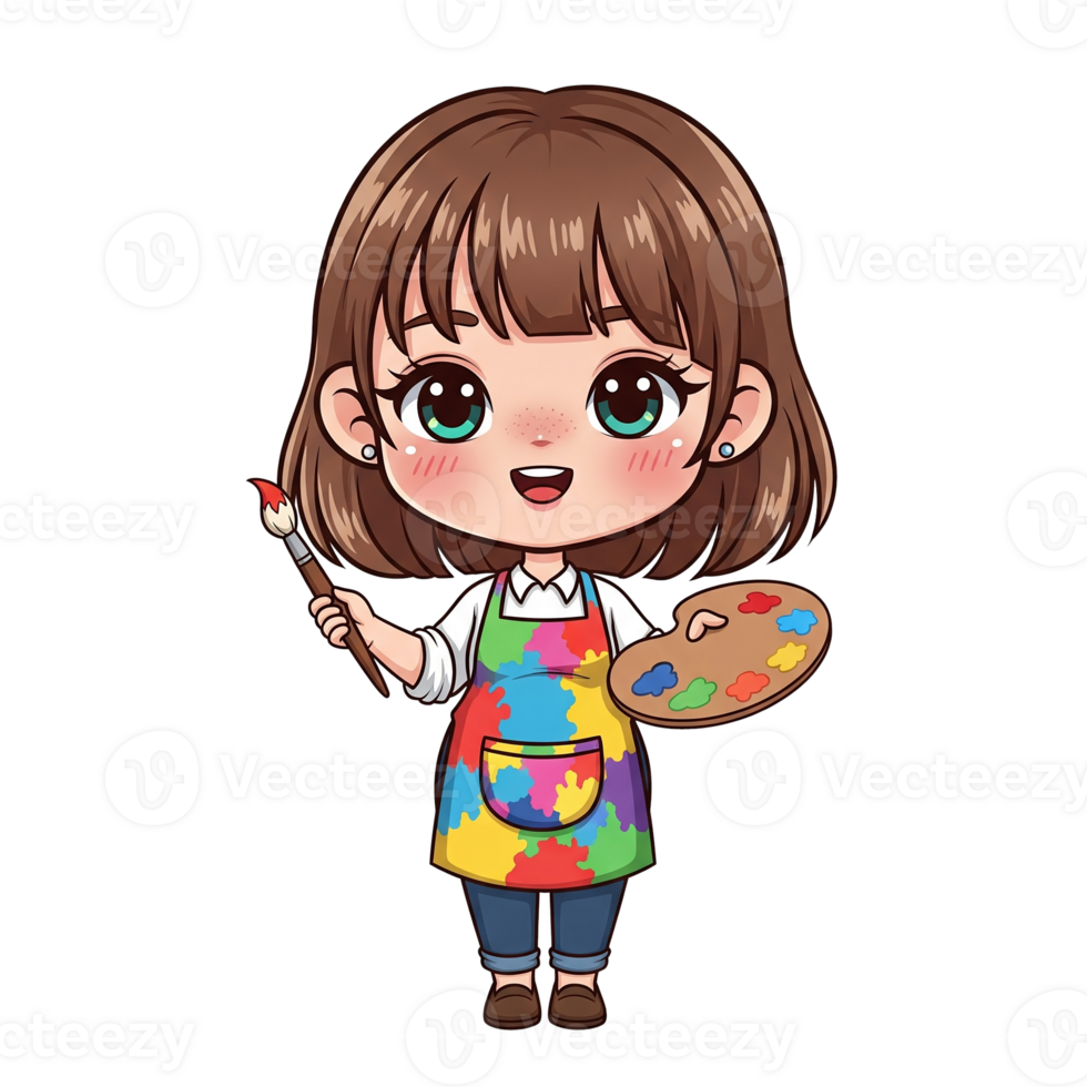 Chibi character profession girl painter. Cute little artist holding a brush and palette. Art hobby illustration png