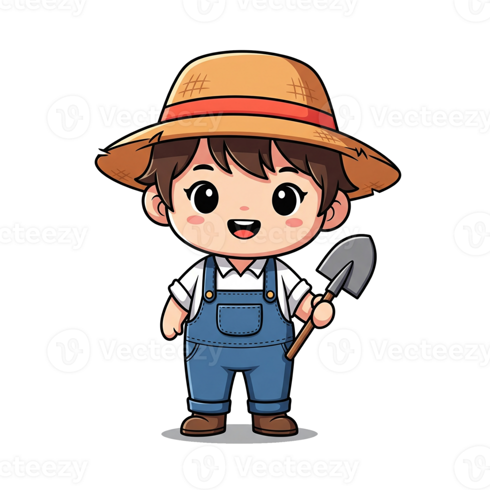 Chibi character profession boy farmer. Cute kid in a straw hat working on a farm. Agriculture mascot illustration. png