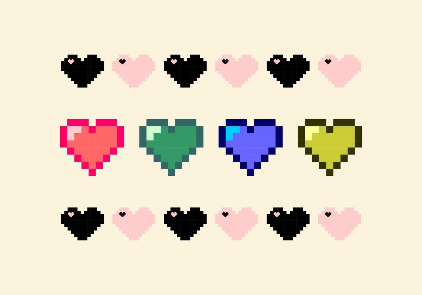 Pixel Art Heart Icons Collection in Multiple Colors for Game Life UI Retro Style Health Bar and Love Symbol Design Assets vector
